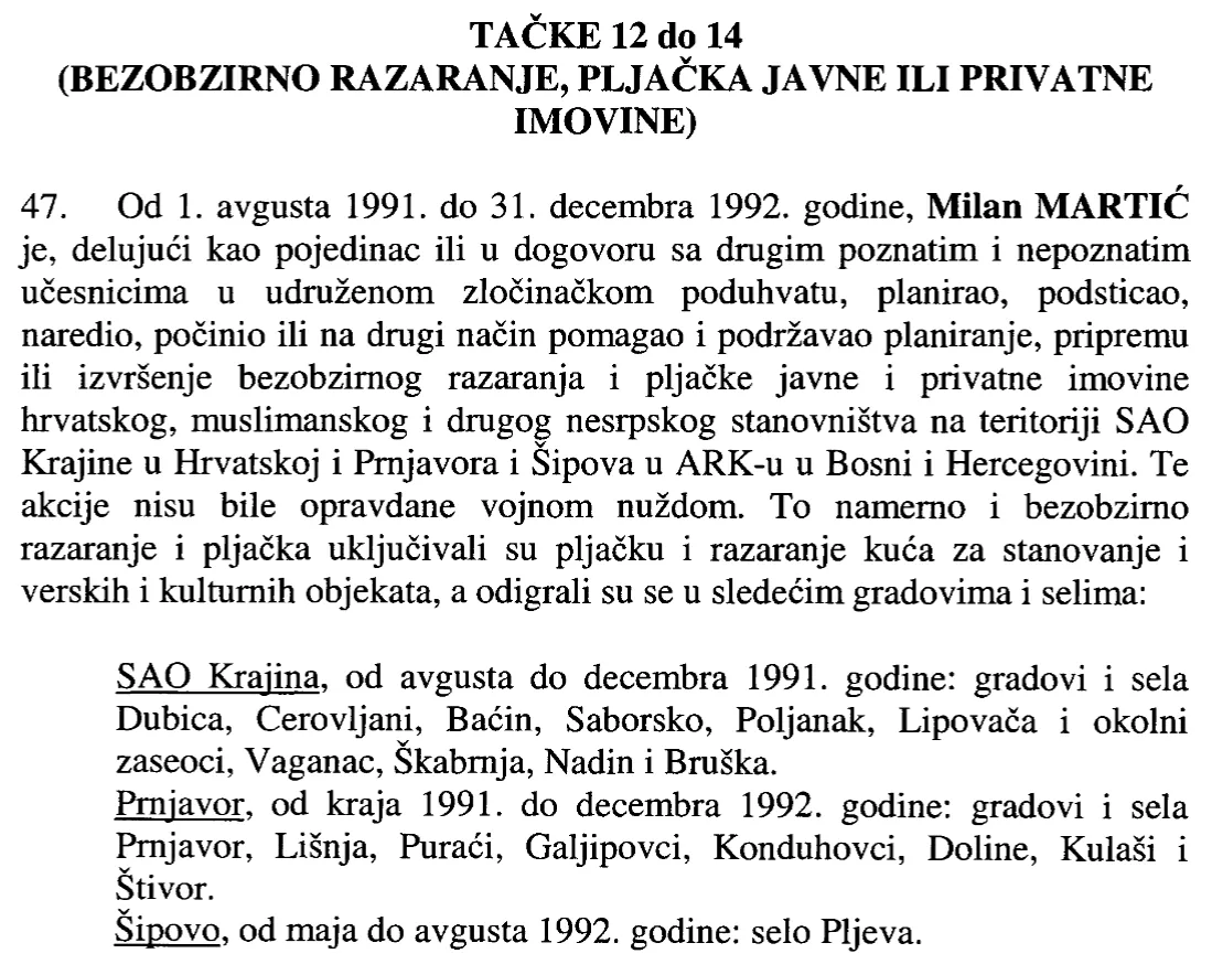 Versione in bosniaco-croato-serbo dello stesso estratto dell’atto d’accusa, con Štivor nell’elenco delle località